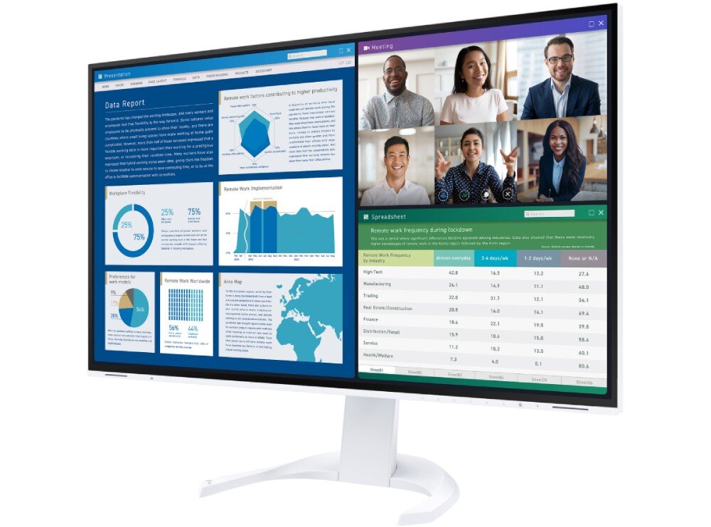 Monitor EIZO FlexScan EV3240X-WT Monitor na czarnej podstawie, ustawiony lekko bokiem. Wyświetlane są trzy różne aplikacje: raport zawierający wykresy, wideokonferencja z sześcioma uczestnikami oraz arkusz kalkulacyjny, wygląd, styl, ramka