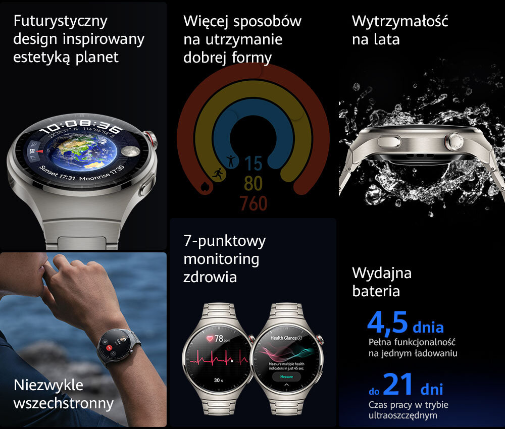 Smartwatch HUAWEI Watch 4 ekran bateria czujniki zdrowie sport pasek ładowanie pojemność rozdzielczość łączność sterowanie krew puls rozmowy smartfon aplikacja