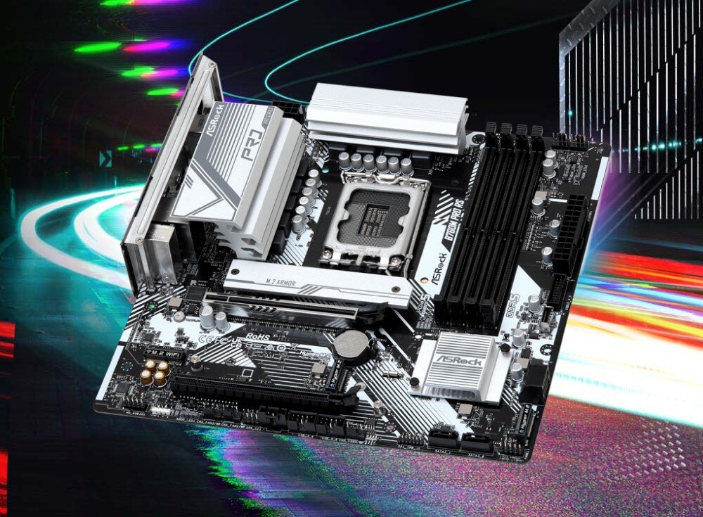 Płyta główna ASROCK B760M Pro RS Płyta główna zaprezentowana na tle dynamicznych, kolorowych smug światła w tunelu
