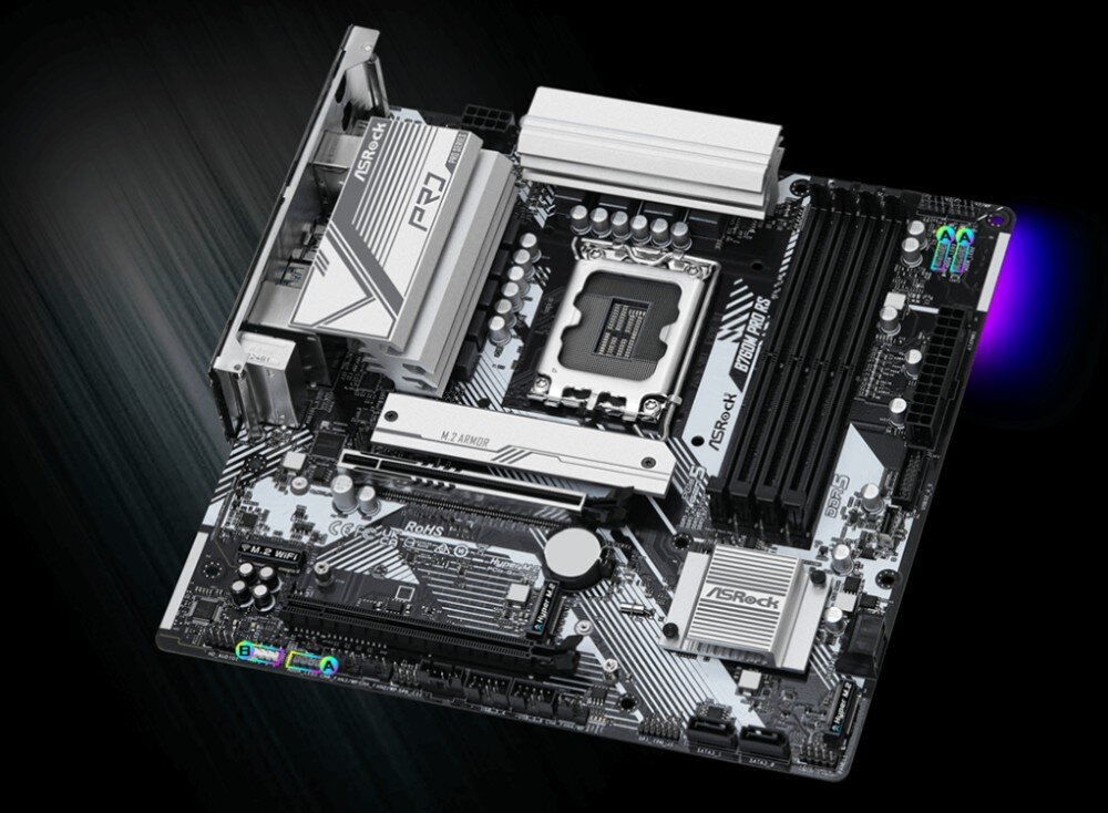Płyta główna ASROCK B760M Pro RS Płyta główna w formacie microATX z widocznymi srebrnymi radiatorami i czterema slotami pamięci