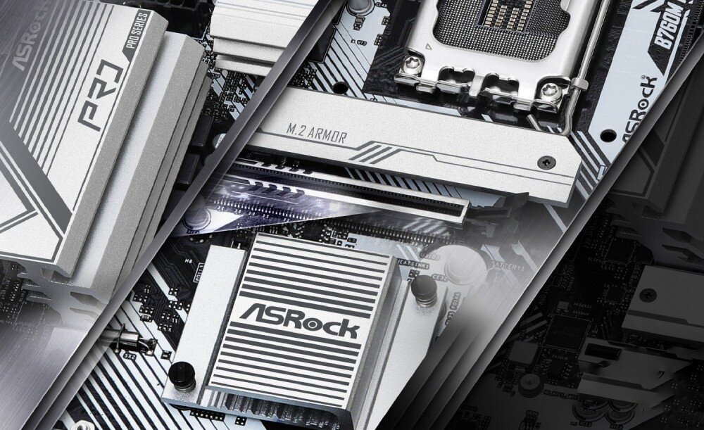 Płyta główna ASROCK B760M Pro RS Detale płyty głównej pokazujące radiatory chłodzące dysk M.2 oraz układ chipsetu