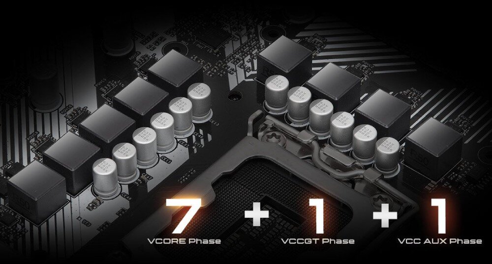 Płyta główna ASROCK B760M Pro RS Zbliżenie na sekcję zasilania płyty głównej z oznaczonym układem faz 7+1+1 wokół gniazda procesora