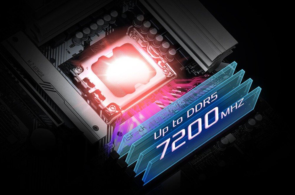 Płyta główna ASROCK B760M Pro RS Podświetlone gniazdo procesora i moduły pamięci z napisem informującym o obsłudze wysokich częstotliwości