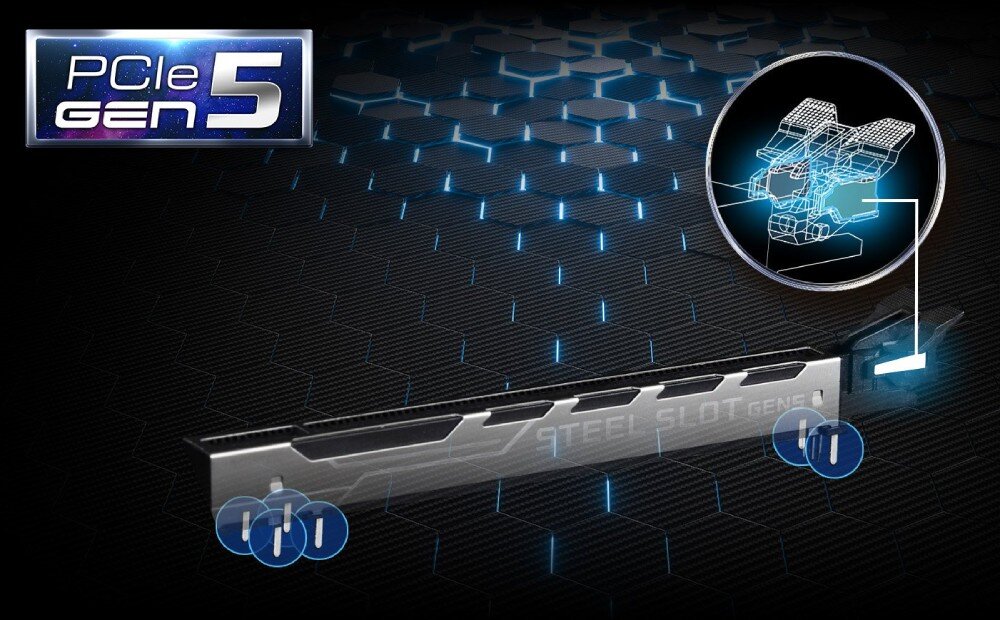 Płyta główna ASROCK B760M Pro RS Wizualizacja wzmocnionego stalą slotu PCIe piątej generacji ze zbliżeniem na mechanizm zatrzasku