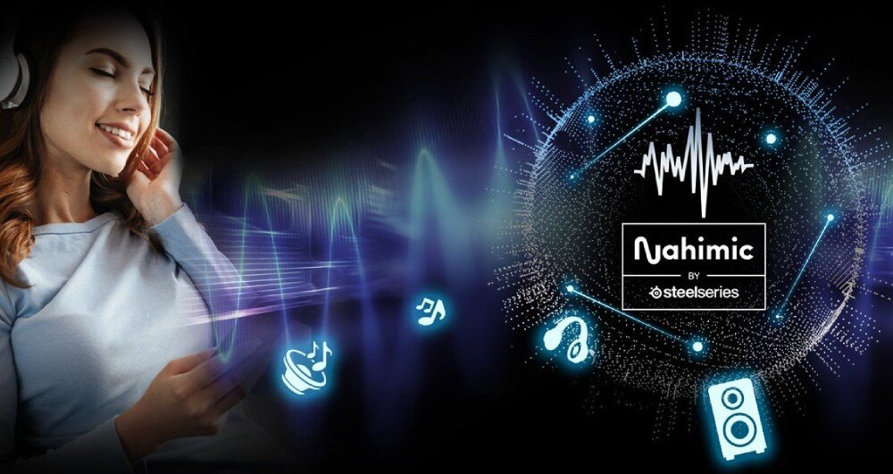 Płyta główna ASROCK B760M Pro RS Kobieta w słuchawkach na tle wizualizacji fal dźwiękowych oraz logo technologii audio