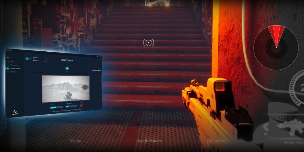 Płyta główna ASROCK B760M Pro RS Widok z gry FPS z nakładką radaru dźwiękowego wskazującą kierunek źródła dźwięku