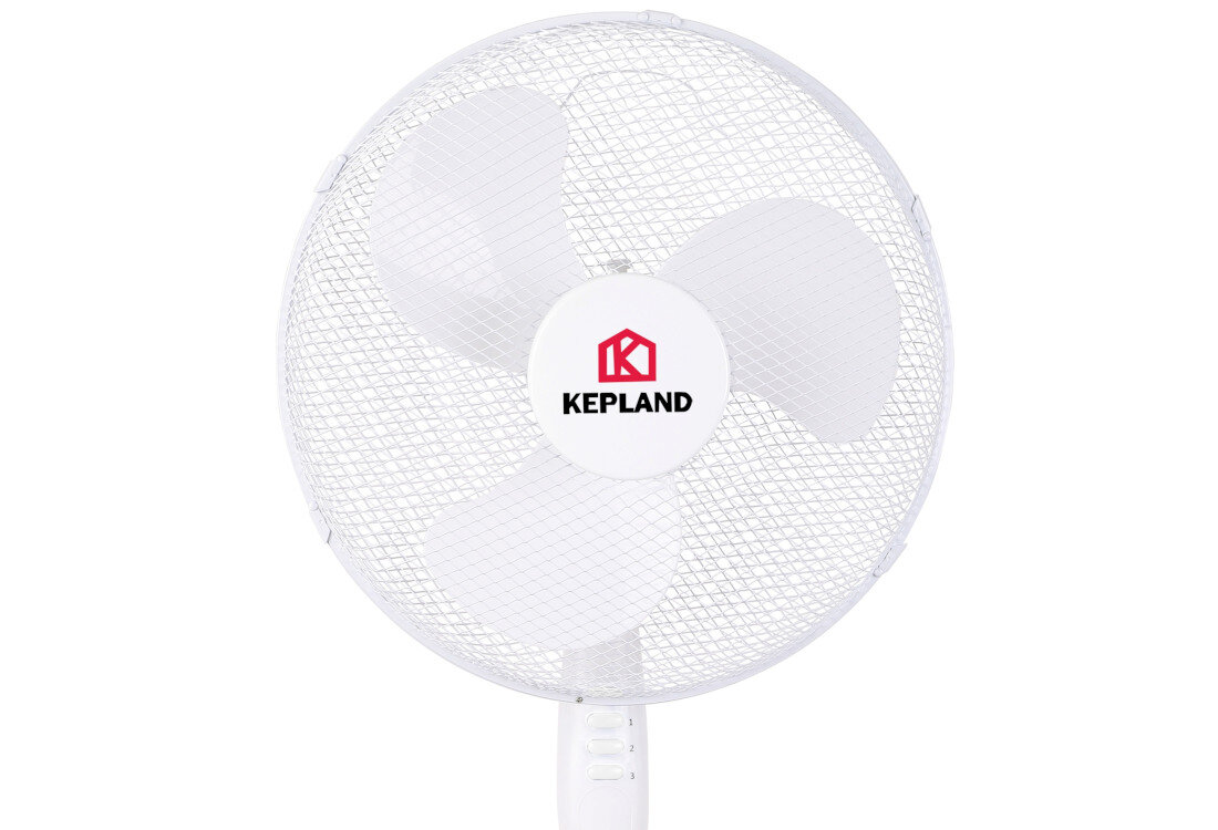 Biały wentylator z trzema łopatkami, na środku widoczne logo KEPLAND.