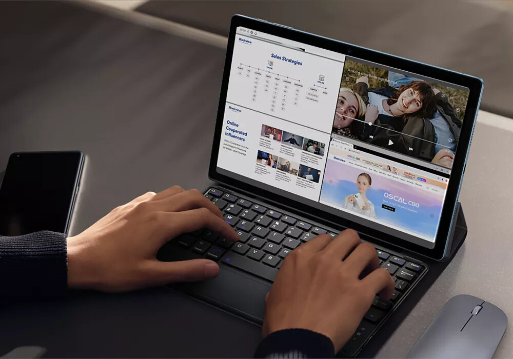 Tablet BLACKVIEW Tab rozdzielczość rdzenie przekątna czujniki aparat głośnik czas pracy procesor transmisja danych waga wifi pamięć złącza zestaw