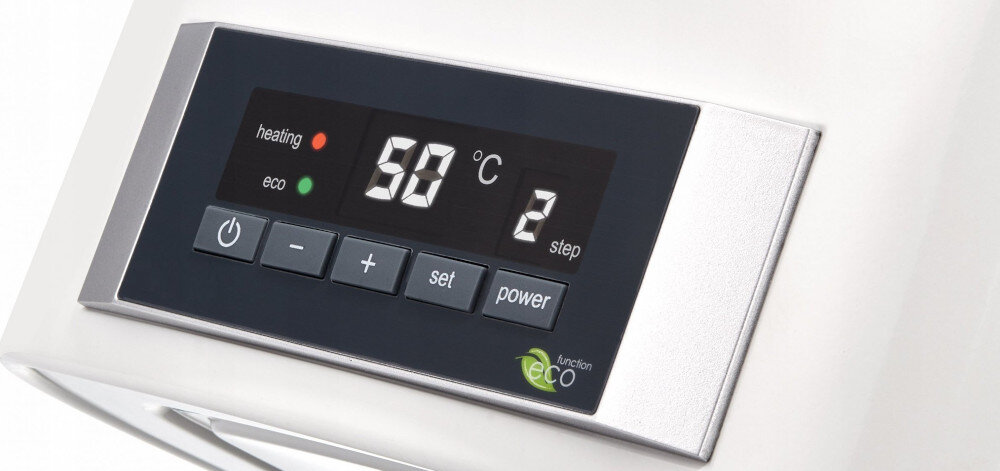 BOJLER ELEKTRYCZNY ELECTROLUX EWH100FMXDLEEC wygodna regulacja temperatury termostat wyświetlacz LED bezproblemowa intuicyjna regulacja dokładna temperatura przyciski optymalny poziom mocy grzewczej 3 poziomy minimalna maksymalna temperatura