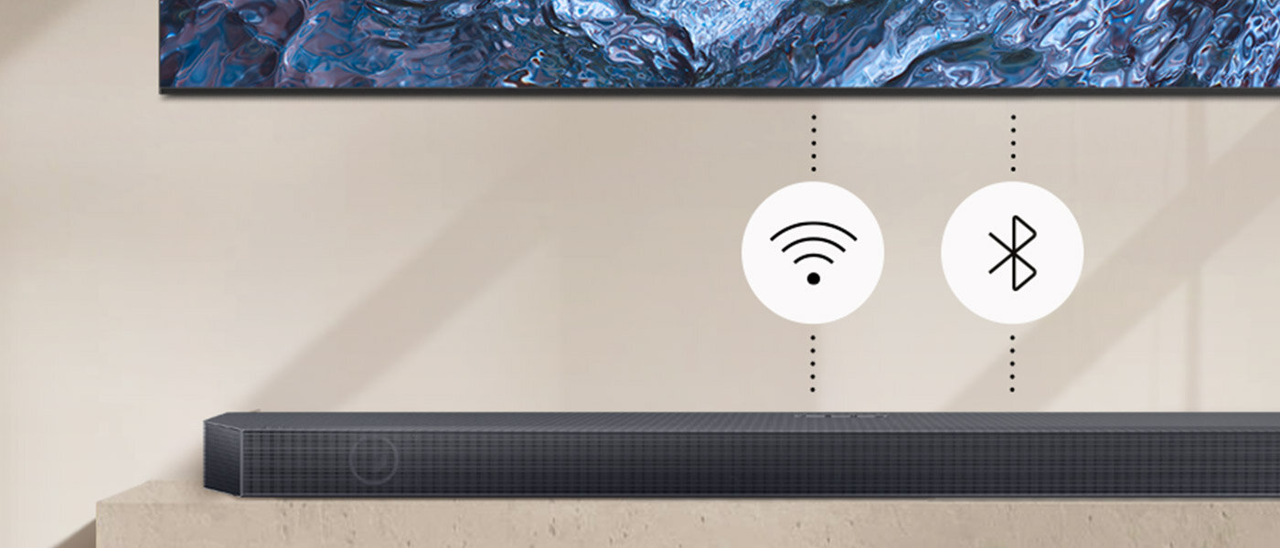 Sondbar łączy się z telewizorem bezprzewodowo, korzystając z Wi-Fi lub Bluetooth Sondbar łączy się z telewizorem bezprzewodowo, korzystając z Wi-Fi lub Bluetooth