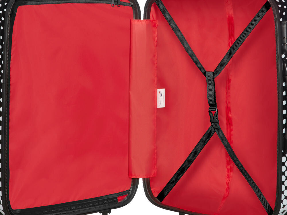 Walizka AMERICAN TOURISTER Disney Minnie Mouse 65 cm Czarno-biały dwie komory przegrody taśmy spinające