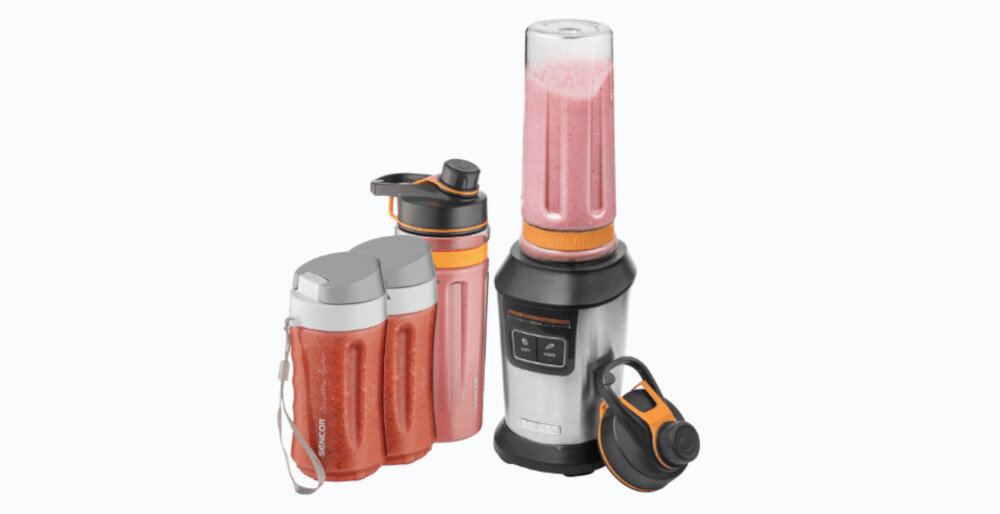 Blender personalny SENCOR SBL 7570SS (Sportowy) + 4 bidony + młynek w komplecie zdjęcie lifestyle Moc 800 W  smoothie, koktajle mleczne, sosy i zupy krem