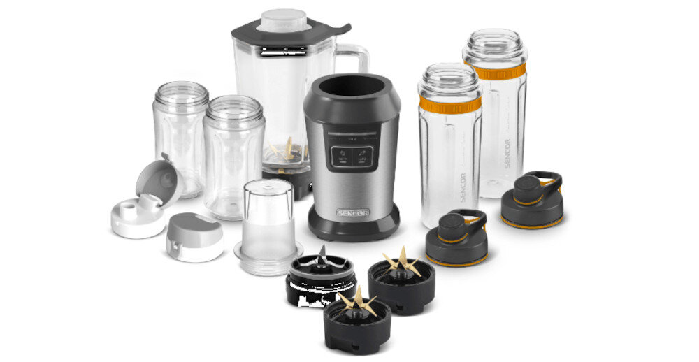 Blender personalny SENCOR SBL 7570SS (Sportowy) + 4 bidony + młynek w komplecie zdjęcie lifestyle zestaw akcesoria komplet wyposażenie