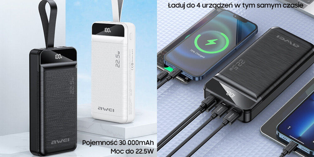 Powerbank AWEI P140K 30000 mAh urządzenia moc ładowanie wymiary bateria pojemność bezpieczeństwo lekkość wygoda