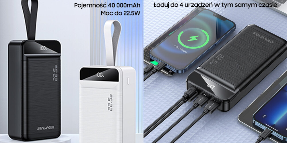 Powerbank AWEI P141K 40000 mAh Urządzenia moc ładowanie wymiary bateria pojemność bezpieczeństwo lekkość wygoda