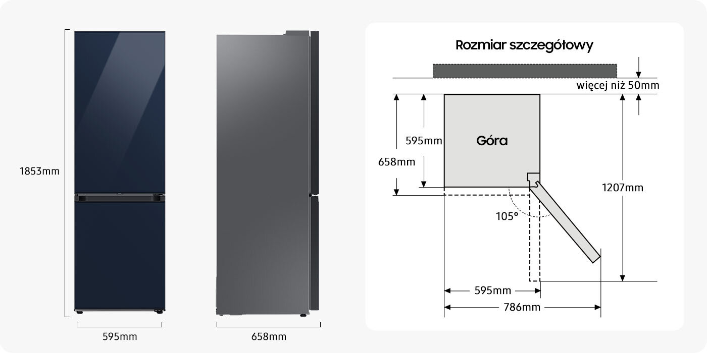 Wymiary chłodziarko-zamrażarki RB34A7B5D41 i wymagany odstęp od ściany