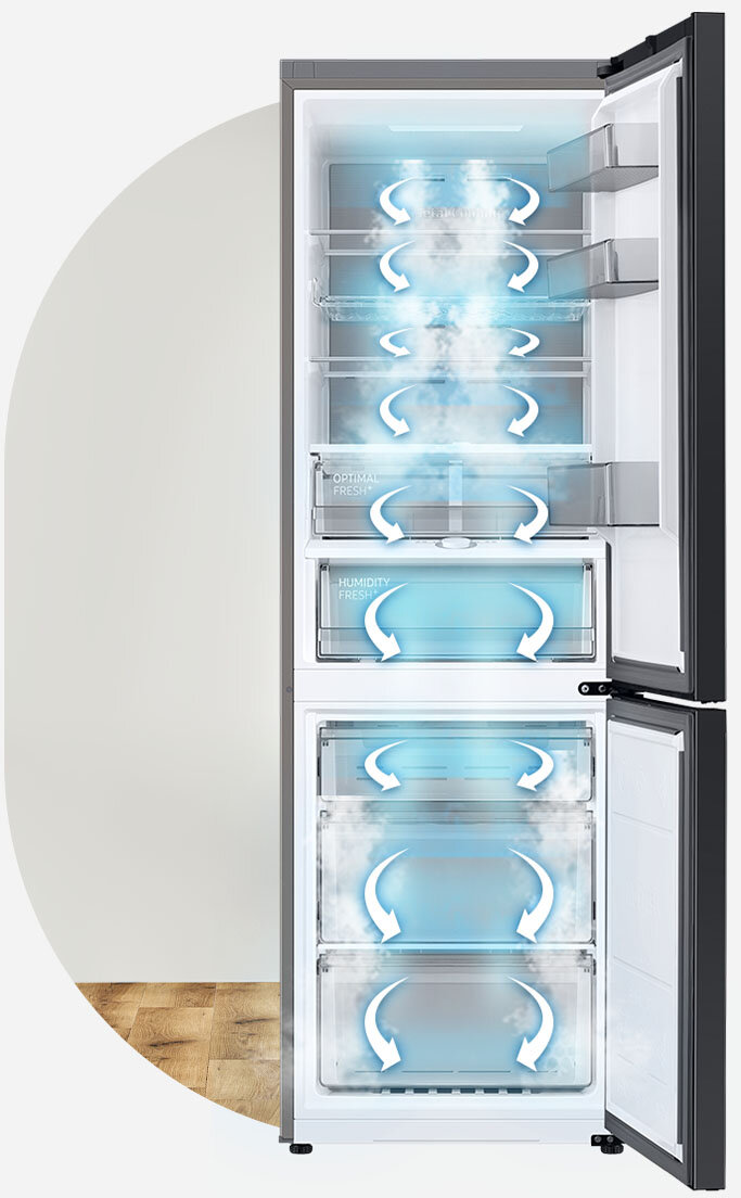 w modelu RB34A7B5D41 za skuteczne chłodzenie odpowiada system All-Around Cooling z działaniem przedstawionym graficznie