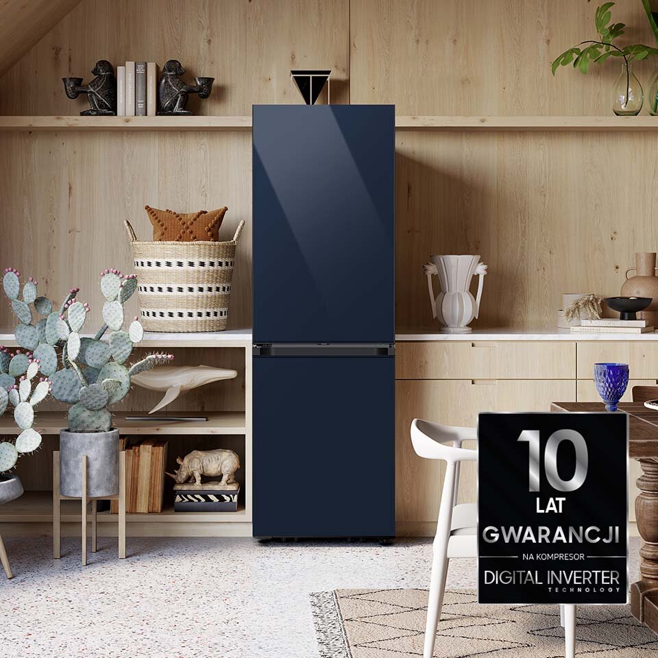 zdjęcie lodówki Bespoke z adnotacją, że zastosowany w niej cyfrowy kompresor ma 10-letnią gwarancję