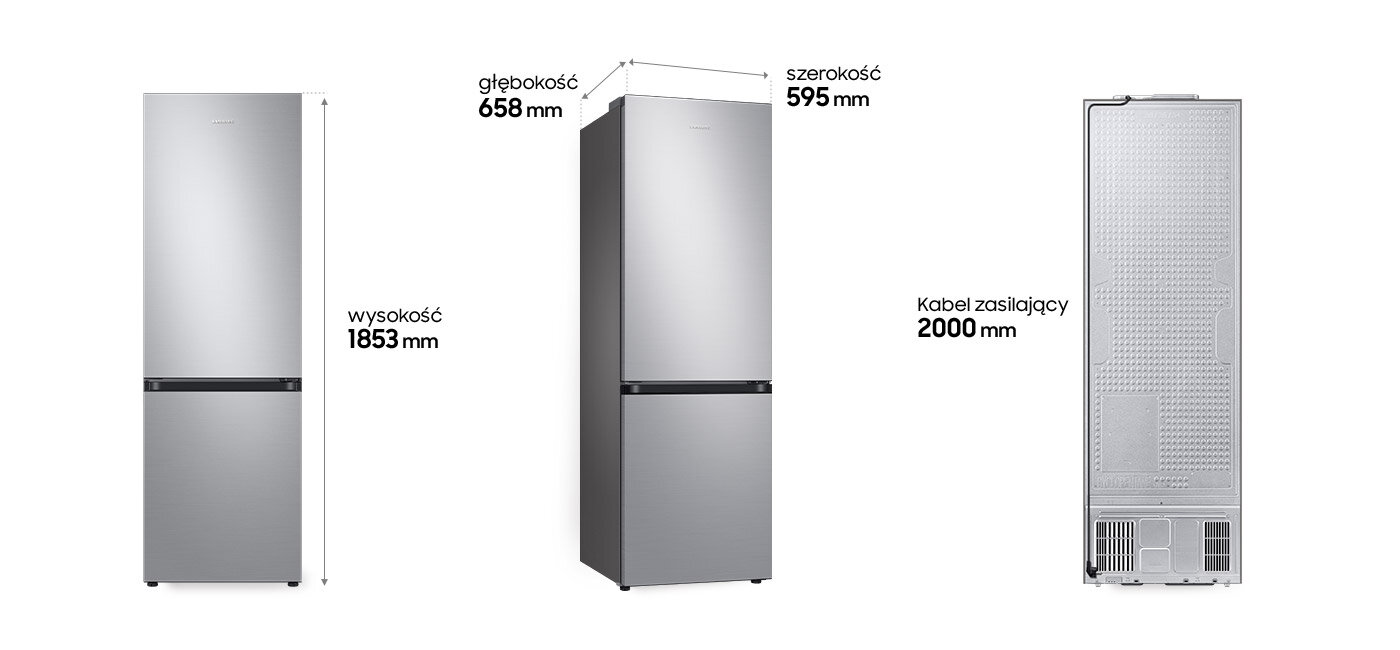Lodówka Samsung RB34C600DSA pokazana z trzech stron wraz z opisem wymiarów Lodówka Samsung RB34C600DSA pokazana z trzech stron wraz z opisem wymiarów