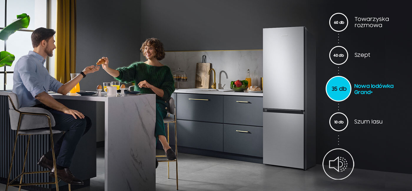 Infografika porównująca cichą pracę lodówki Samsung RB34C600DSA (35 dB) do szeptu czy rozmowy Infografika porównująca cichą pracę lodówki Samsung RB34C600DSA (35 dB) do szeptu czy rozmowy