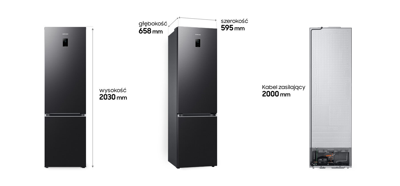 Grafitowa lodówka z wyświetlaczem na drzwiach, o wymiarach: wysokość 2030 mm, głębokość 658 mm, szerokość 595 mm. Kabel zasilający ma długość 2000 mm.