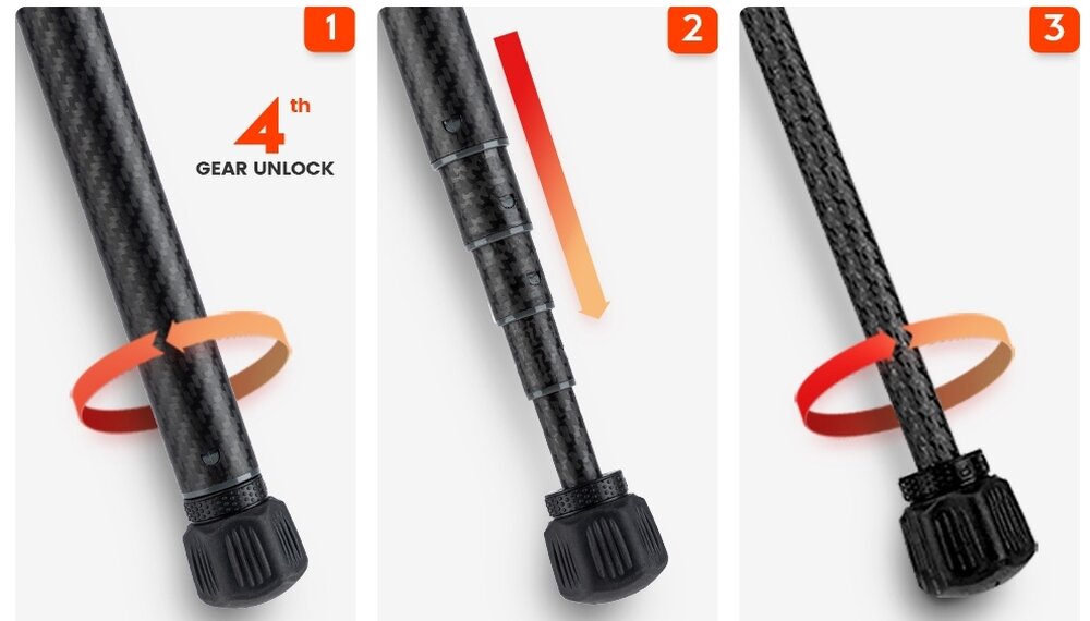 Instrukcja rozkładania statywu Fotopro X-Aircross 3 – odblokowanie, wysunięcie i zablokowanie nóg dla szybkiego przygotowania do pracy.