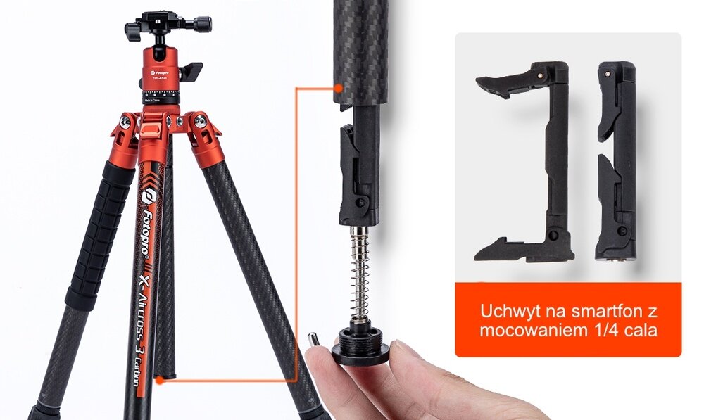 Statyw Fotopro X-Aircross 3 z wysuwanym uchwytem na smartfon z mocowaniem 1/4 cala, ukrytym w jednej z nóg statywu.
