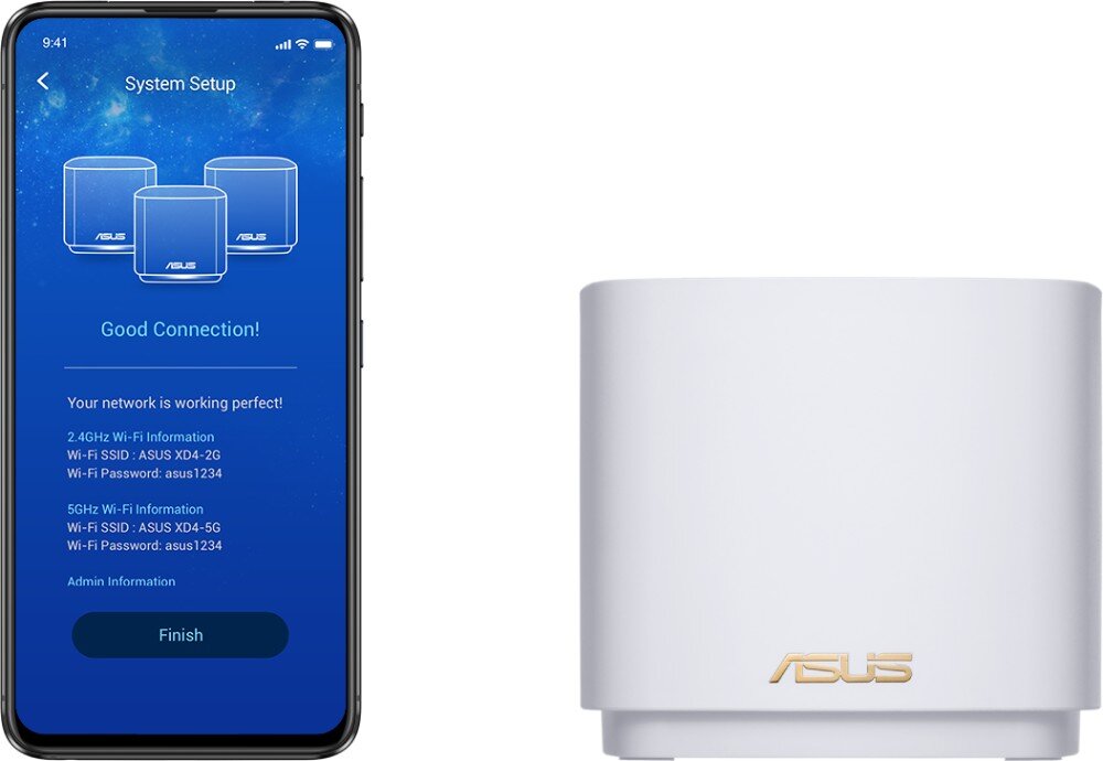 Router ASUS ZenWiFi AX Mini XD4 Plus Smartfon z ekranem konfiguracji systemu sieciowego obok białego urządzenia z logo ASUS, aplikacja, konfiguracja