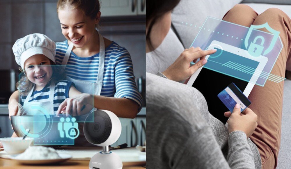 Router ASUS ZenWiFi AX Mini XD4 Plus Po lewej kobieta i dziecko gotują w kuchni z widoczną kamerą, po prawej osoba korzysta z tabletu i karty płatniczej, na ekranie widoczne ikony zabezpieczeń, zabezpieczenia, ochrona