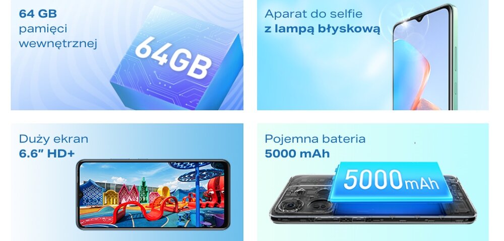 Smartfon Infinix smart 7 HD ekran bateria aparat procesor ram pamięć pojemność rozdzielczość zdjęcia filmy opis dane cechy blokady system łączność wifi bluetooth obudowa szkło odporność porty muzyka transfer sieć przekątna matryca waga czujniki oled amoled ips