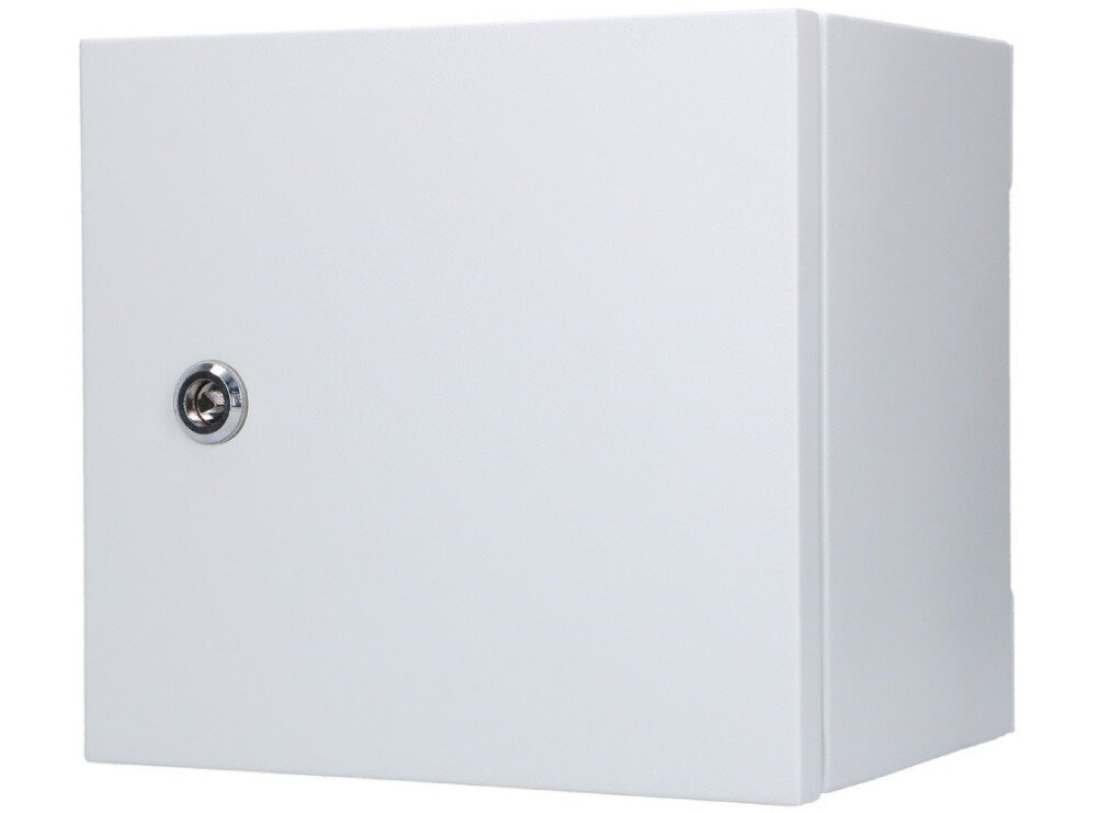 Switch EXTRALINK Atlas Widok na front zamkniętej białej skrzynki o prostokątnym kształcie z metalowym zamkiem umieszczonym po lewej stronie drzwiczek