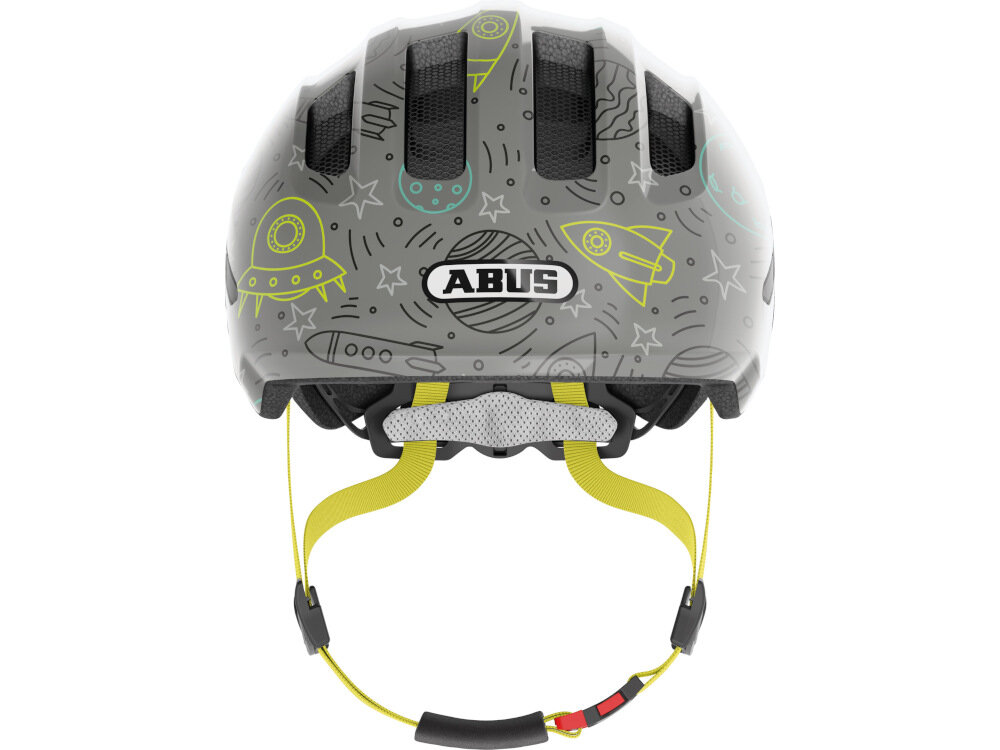 Kask rowerowy ABUS Smiley 3.0 LED Szaro-zielony dla Dzieci (rozmiar M) wysoka jakość wykonania kolorowy designe szaro-zielona kolorystyka kosmiczna aplikacja do jazdy na rowerze rolch hulajnodze deskorolce głębokie dopasowanie przednia krawędź w kształcie daszka