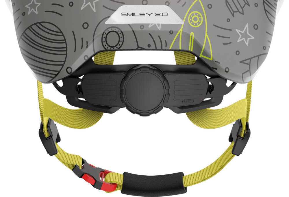 Kask rowerowy ABUS Smiley 3.0 LED Szaro-zielony dla Dzieci (rozmiar M) system regulacji Zoom Ace Kids antypoślizgowe pokrętł z tyłu kasku na szerokość na wysokość głowy w zakresie 50-55 cm