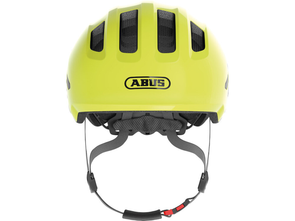 Kask rowerowy ABUS Smiley 3.0 Żółty dla Dzieci (rozmiar S) wysoka jakość wykonania kolorowy designe zielono-szara kolorystyka aplikacja do jazdy na rowerze rolch hulajnodze deskorolce głębokie dopasowanie przednia krawędź w kształcie daszka