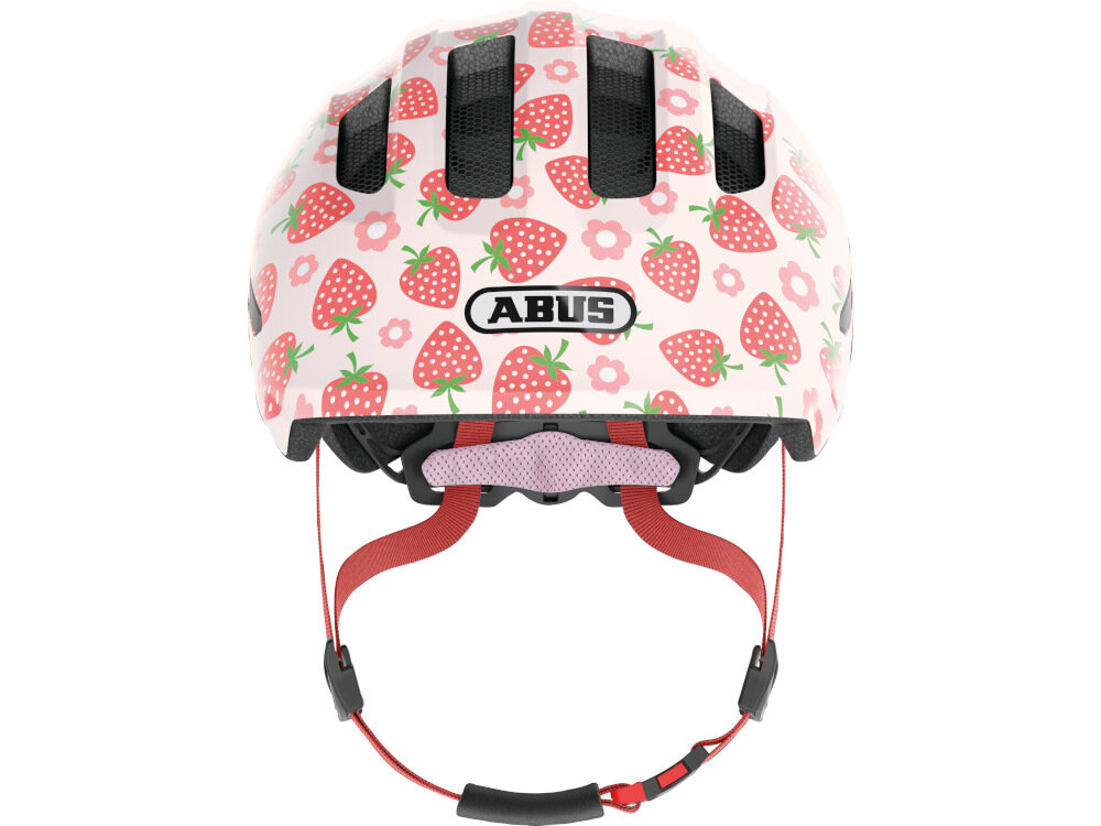 Kask rowerowy ABUS Smiley 3.0 LED Różowo-czerwony dla Dzieci (rozmiar S) wysoka jakość wykonania kolorowy designe różowo-czerwona kolorystyka truskawkowa aplikacja do jazdy na rowerze rolch hulajnodze deskorolce głębokie dopasowanie przednia krawędź w kształcie daszka