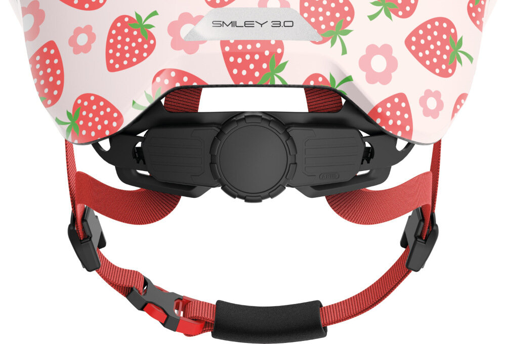 Kask rowerowy ABUS Smiley 3.0 LED Różowo-czerwony dla Dzieci (rozmiar S) system regulacji Zoom Ace Kids antypoślizgowe pokrętł z tyłu kasku na szerokość na wysokość głowy w zakresie 45-50 cm