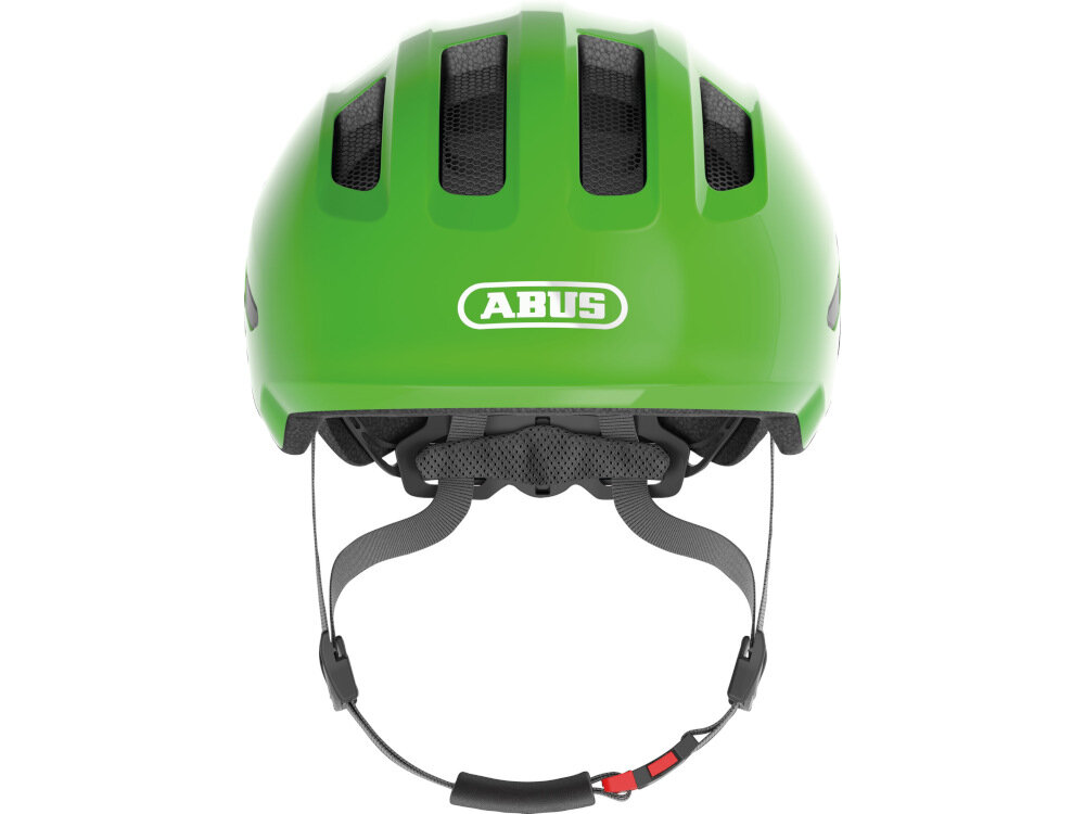 Kask rowerowy ABUS Smiley 3.0 LED Zielony dla Dzieci (rozmiar S) wysoka jakość wykonania kolorowy designe zielono-szara kolorystyka aplikacja do jazdy na rowerze rolch hulajnodze deskorolce głębokie dopasowanie przednia krawędź w kształcie daszka