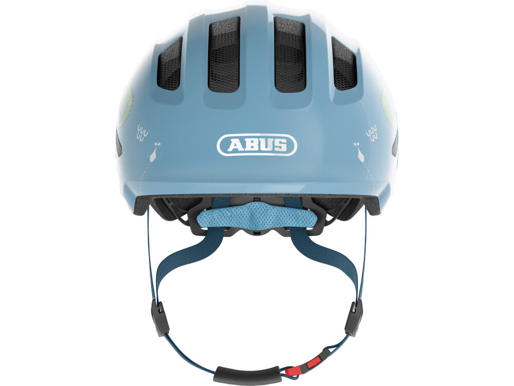 Kask rowerowy ABUS Smiley 3.0 LED Niebiesko-zielony dla Dzieci (rozmiar S) wysoka jakość wykonania kolorowy designe niebiesko-zielona kolorystyka aplikacja do jazdy na rowerze rolch hulajnodze deskorolce głębokie dopasowanie przednia krawędź w kształcie daszka