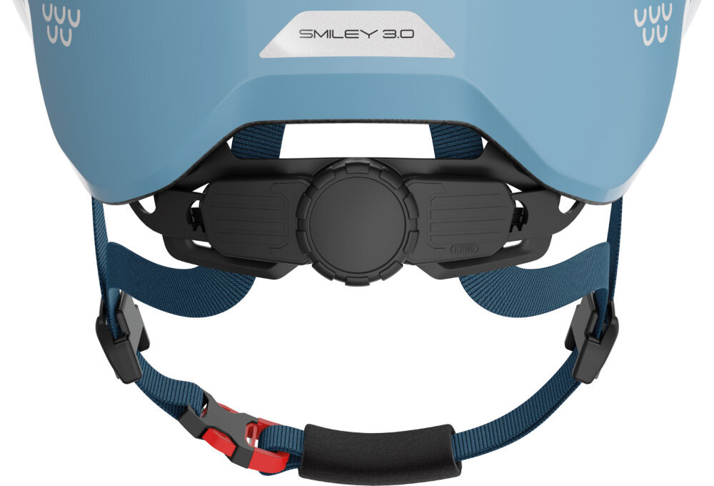 Kask rowerowy ABUS Smiley 3.0 LED Niebiesko-zielony dla Dzieci (rozmiar S) system regulacji Zoom Ace Kids antypoślizgowe pokrętł z tyłu kasku na szerokość na wysokość głowy w zakresie 45-50 cm