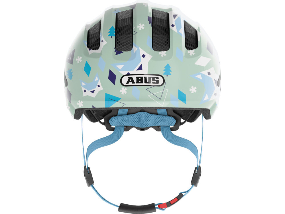Kask rowerowy ABUS Smiley 3.0 LED Zielono-niebieki dla Dzieci (rozmiar S) wysoka jakość wykonania kolorowy designe zielono-niebieka kolorystyka aplikacja do jazdy na rowerze rolch hulajnodze deskorolce głębokie dopasowanie przednia krawędź w kształcie daszka