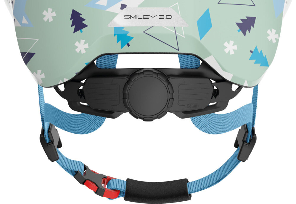 Kask rowerowy ABUS Smiley 3.0 LED Zielono-niebieki dla Dzieci (rozmiar S) system regulacji Zoom Ace Kids antypoślizgowe pokrętł z tyłu kasku na szerokość na wysokość głowy w zakresie 45-50 cm