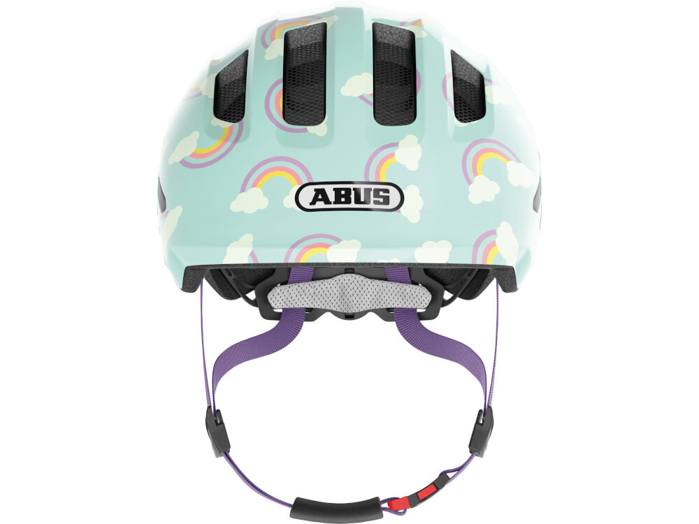 Kask rowerowy ABUS Smiley 3.0 LED Niebiesko-zielony dla Dzieci (rozmiar S) wysoka jakość wykonania kolorowy designe niebiesko-zielona kolorystyka tęczowa aplikacja do jazdy na rowerze rolch hulajnodze deskorolce głębokie dopasowanie przednia krawędź w kształcie daszka