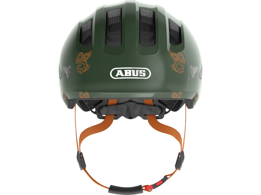 Kask rowerowy ABUS Smiley 3.0 LED Zielono-szary dla Dzieci (rozmiar S) wysoka jakość wykonania kolorowy designe zielono-szara kolorystyka aplikacja do jazdy na rowerze rolch hulajnodze deskorolce głębokie dopasowanie przednia krawędź w kształcie daszka