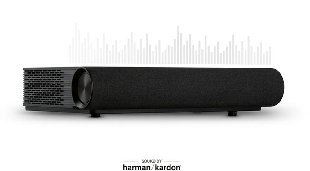 Projektor laserowy VIEWSONIC X2000L-4K głośniki Harman Kardon 50 W wysokotonowe 10 W niskotonowe 15 W, projektor na białym tle