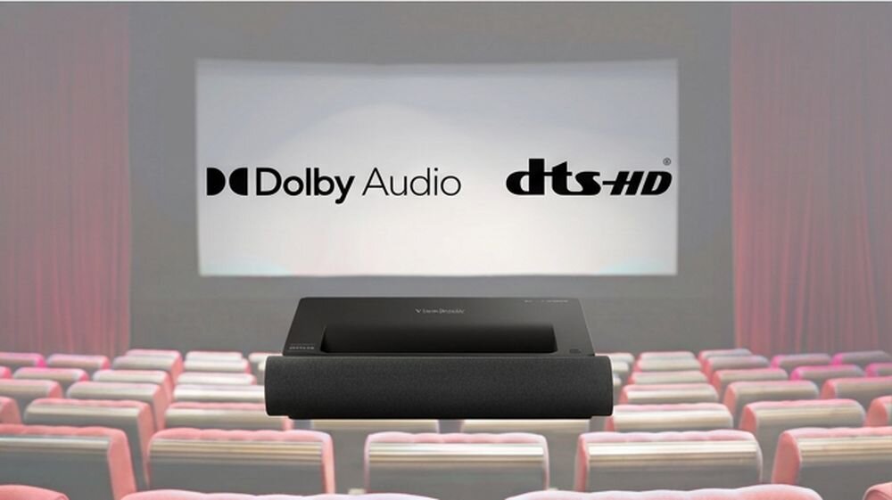 Projektor laserowy VIEWSONIC X2000L-4K Dolby Digital DTS dźwięk przestrzenny system audio 5.1, projektor na tle sali kinowej