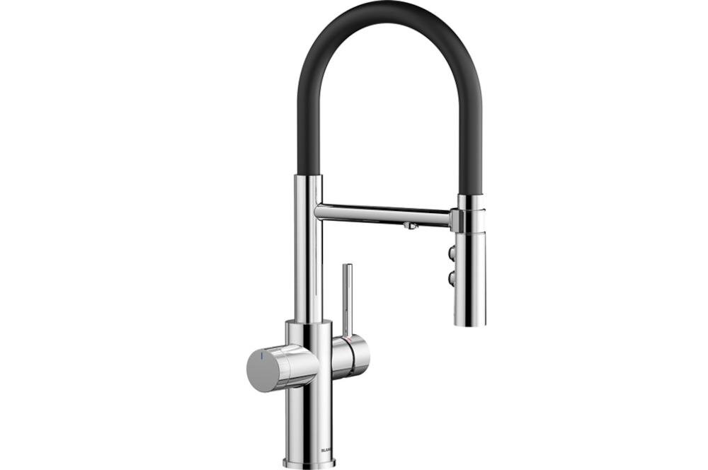 BLANCO Catris-S Flexo Filter 526705 styl pvd steel harmonia bateria zlewozmywak regulacja strumień temperatura ręka ceramika trwałość nieszczelność regulacja strumień filtr woda