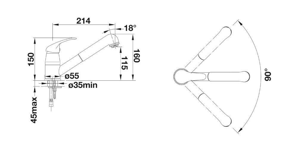 BATERIA KUCHENNA BLANCO Daras-S 526937 delikatny biały zdjęcie techniczne wymiary wylewka wysokość zasięg korpus