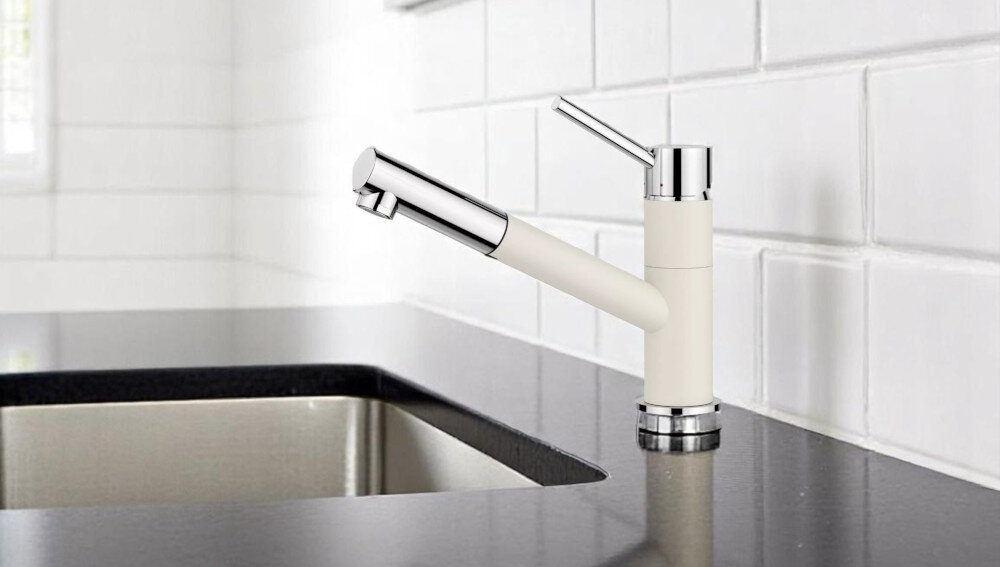 Bateria BLANCO Kano-S 526953 delikatny biały lifestyle kuchnia widok bok kolor Kawowy chrom zlewozmywak blat dekoracje kuchenne