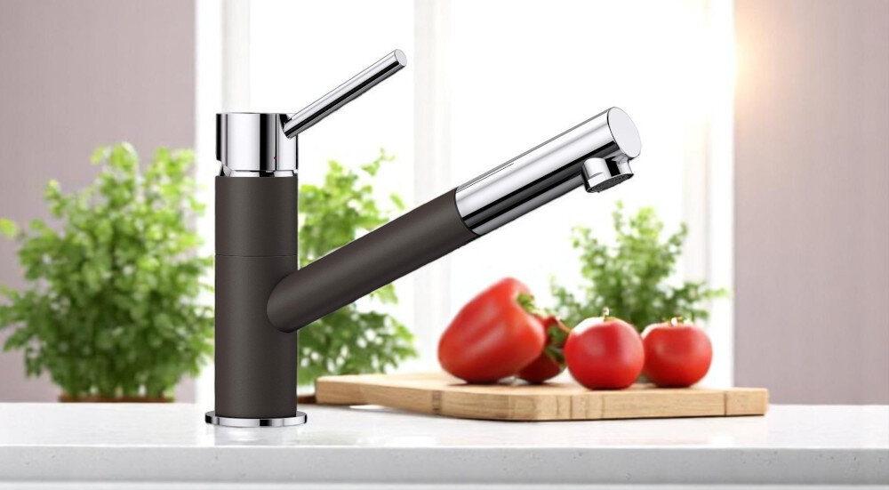 Bateria BLANCO Kano-S 526953 delikatny biały widok całościowy kolor Kawowy chrom obrotowa wylewka 120 wygoda komfort