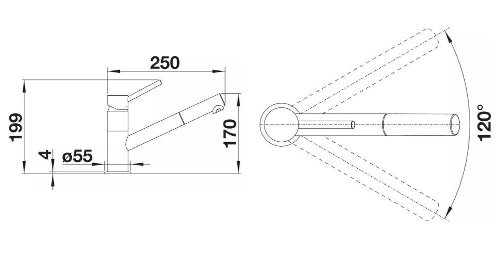 Bateria BLANCO Kano-S 526953 delikatny biały wymiary Wysokość korpusu wylewki Zasięg
